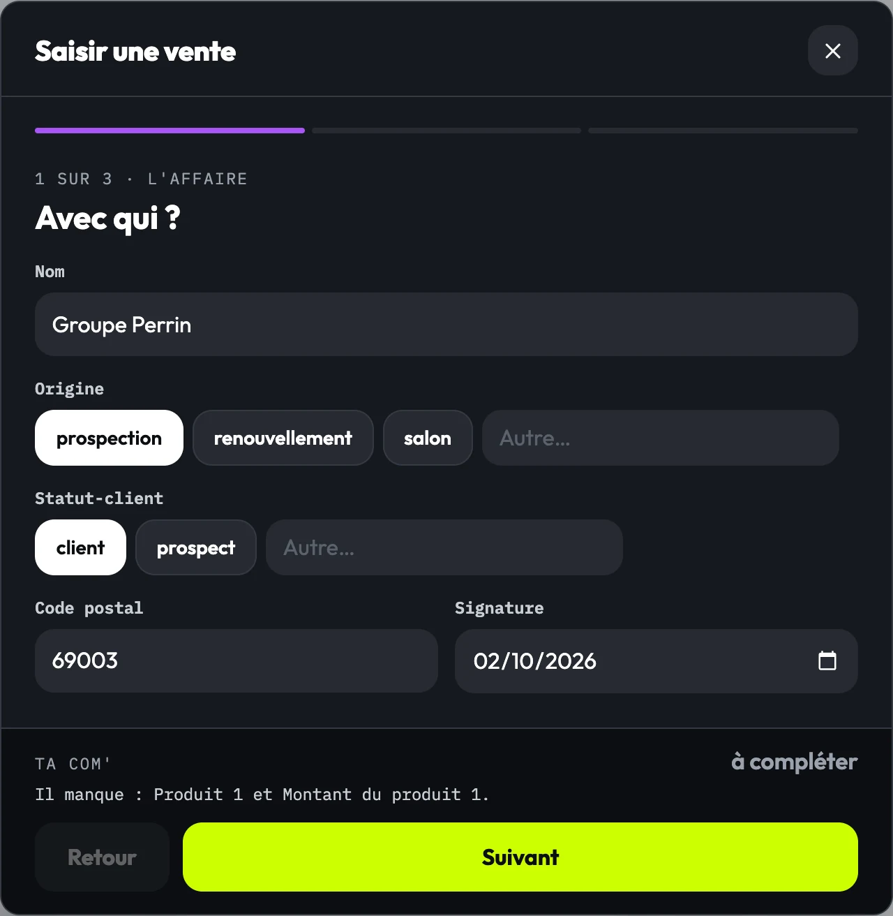 Le premier écran de la saisie d’une vente