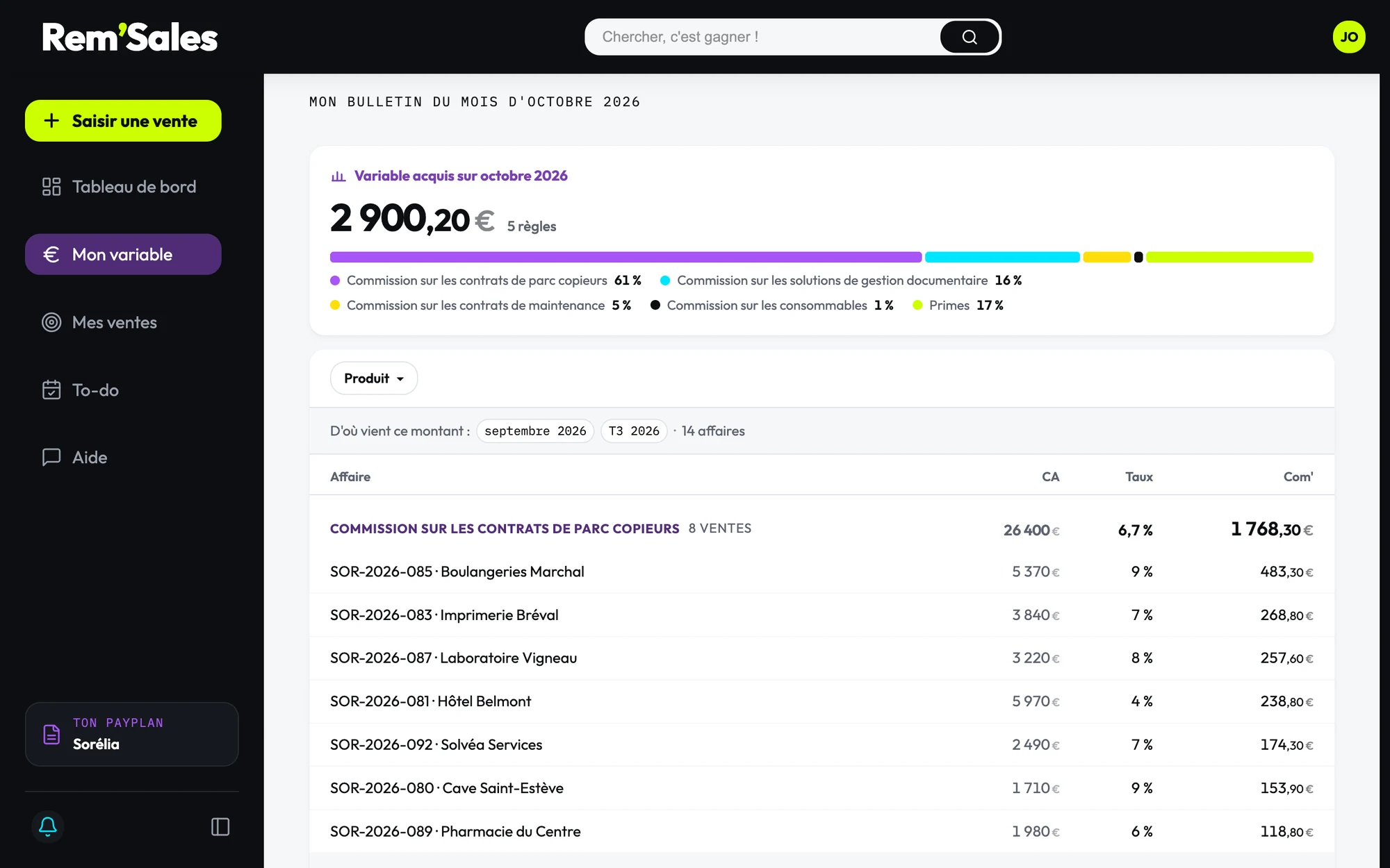 La page Mon variable, défilée jusqu’au bulletin
