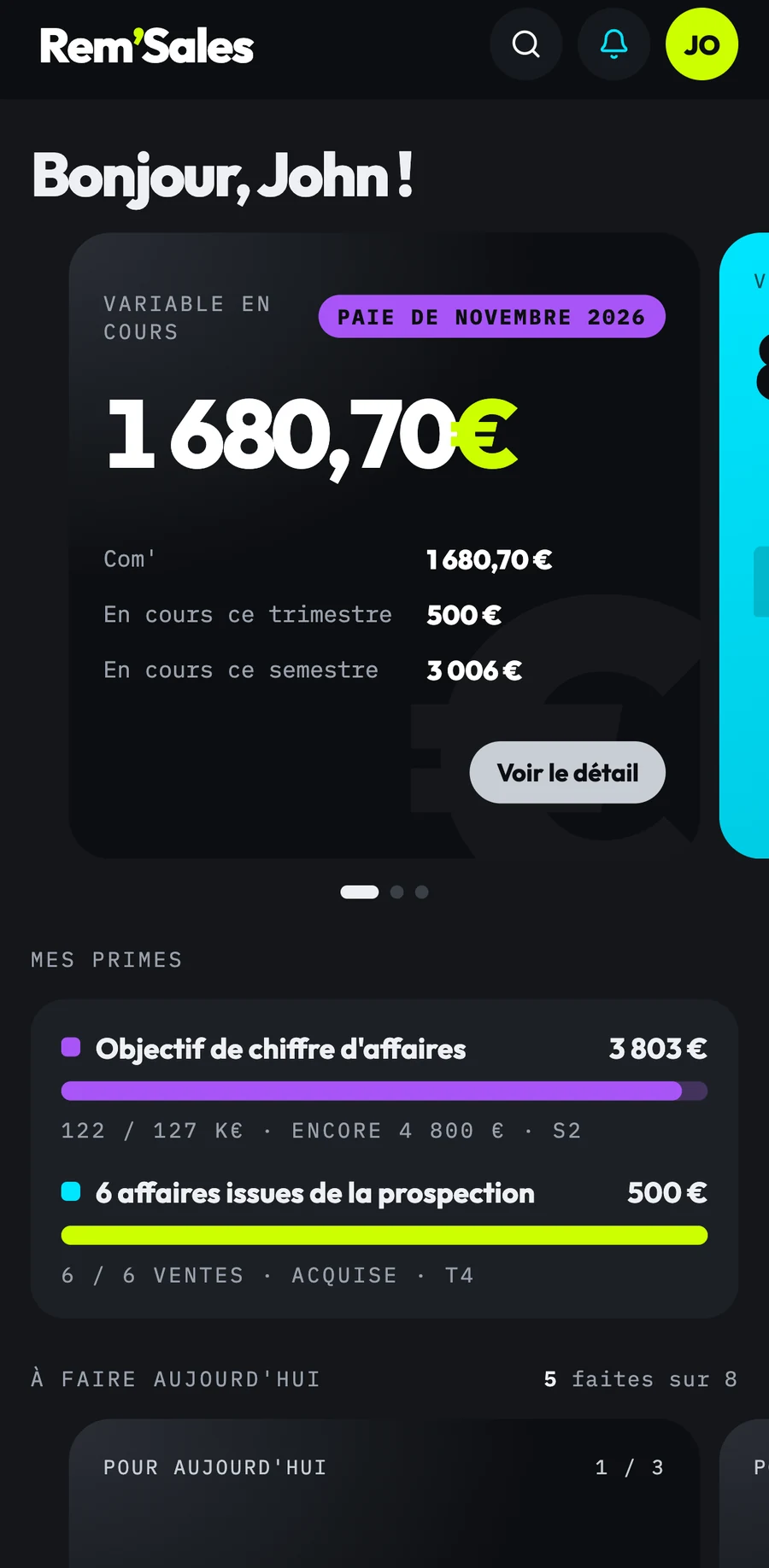 Le tableau de bord en mode sombre sur un téléphone